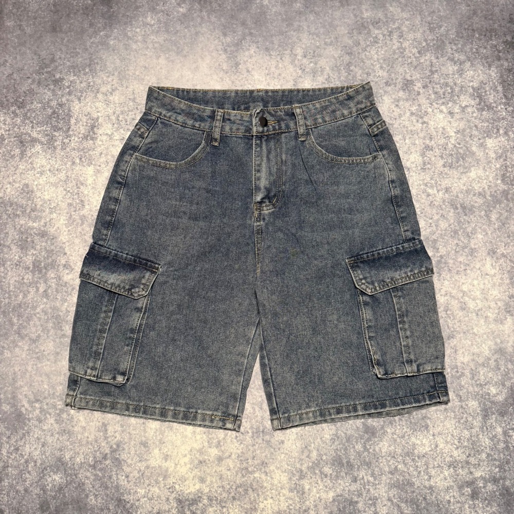 Y2K Mens Blue Denim Cargo Shorts Baggy‎ Medium Wash Utility Jean Shorts Jorts M